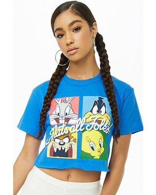 Forever 21 Looney Tunes Cropped Graphic Tee Blue/multi