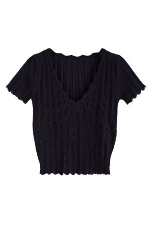 Scallop Edge Pointelle Short-Sleeve Crop Top in Black - Retro, Indie and Unique Fashion