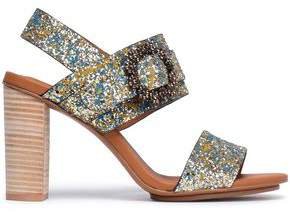 Buckle-embellished Painted Glittered Leather Sandals