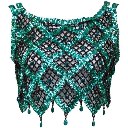 1960s Teal and Black Sequin and Beaded Crop Top For Sale at 1stdibs
