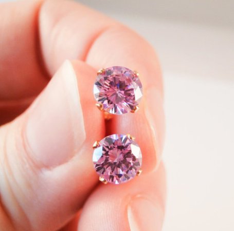 pink gemstone gold stud earrings pink round gem stud | Etsy