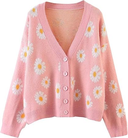 Womens Y2K Flower Pattern Long Sleeve Loose Knitwear Sweater V-Neck Button Down Knitted Cardigan (Pink, One Size) at Amazon Women’s Clothing store