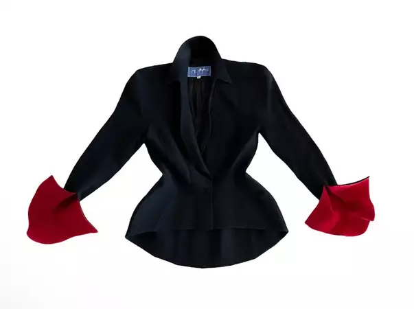 Thierry Mugler FW 1997 Black Jacket with Dramatic Red Velvet Sleeves For Sale at 1stDibs | mugler 1997