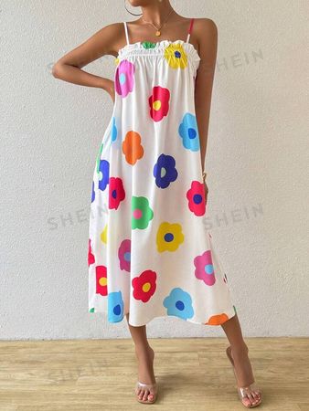 SHEIN Essnce Women Summer Vacation Casual Colorful Flower All-Over Printed Dresses Print Spaghetti Strap Dress Mother Day Outfit Summer Clothes Casual Summer Dress Beach Dress Sundress | SHEIN USA