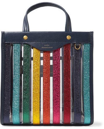 Paneled Metallic Textured-leather And Pvc Tote - Navy