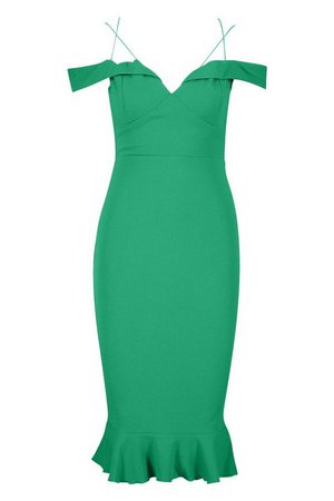 Off Shoulder Frill Hem Midi Dress | boohoo green