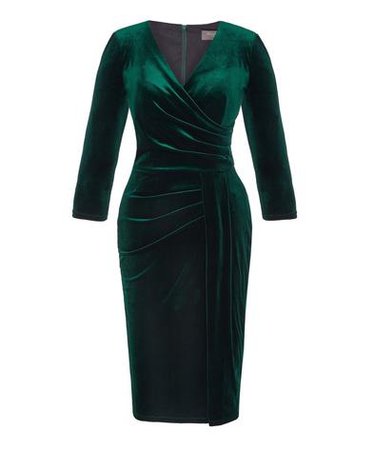 Nigella Dark Green Velvet Dress | 3/4 Sleeve Velvet Sarong Wrap Dress – Bombshell London
