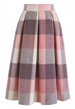 Check Wool-Blend Midi Skirt in Pink - Retro, Indie and Unique Fashion