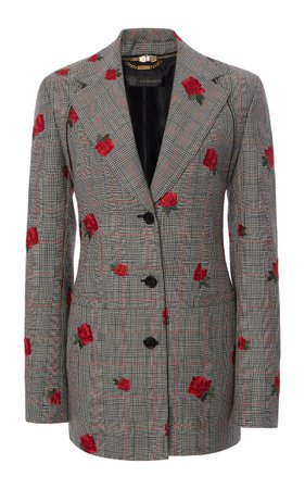 Versace Rose-Embroidered Prince Of Wales Wool Blazer