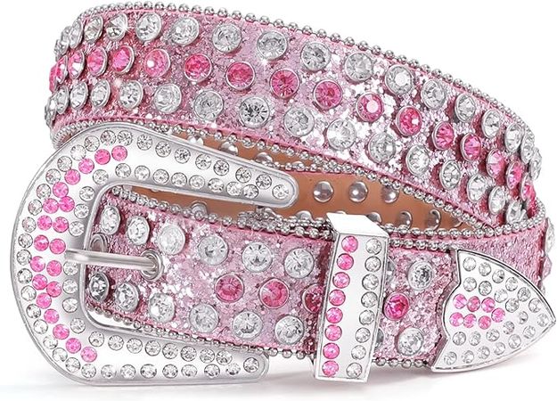 WERFORU Women Western Rhinestone Studded Leather Belt Cowgirl Bling Waist Belt for Jeans Dress,Pink,Fit Waist Size 38-42 Inches at Amazon Women’s Clothing store