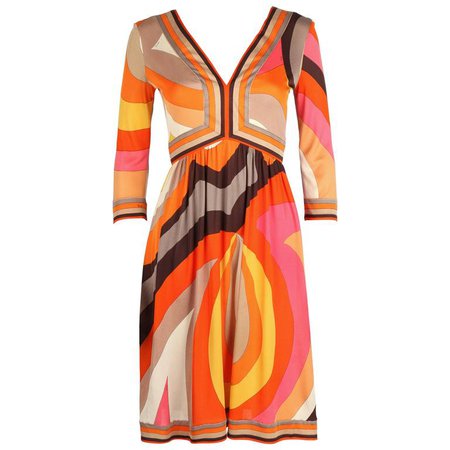 EMILIO PUCCI c.1960s Orange Abstract Signature Print Jersey V-Neck Dress Size 10