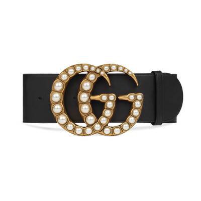Black Leather Wide Belt With Pearl Double G | GUCCI® US