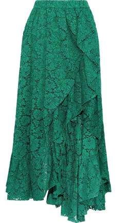 Split-front Ruffled Cotton-blend Corded Lace Midi Skirt