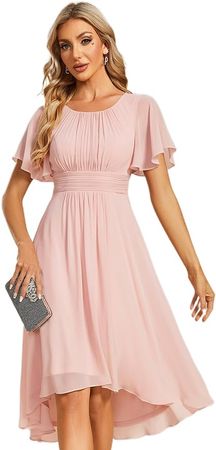 Amazon.com: Ever-Pretty Women's Crew Neck Pleated Waist Short Sleeve Wedding Guest Dress Chiffon Bridesmaid Dresses Orchid US4 : Clothing, Shoes & Jewelry