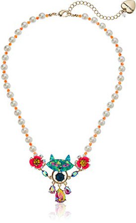 Betsey Johnson "Granny Chic" Pearl and Colorful Cat Frontal Pendant Necklace, Multi, One Size: Clothing