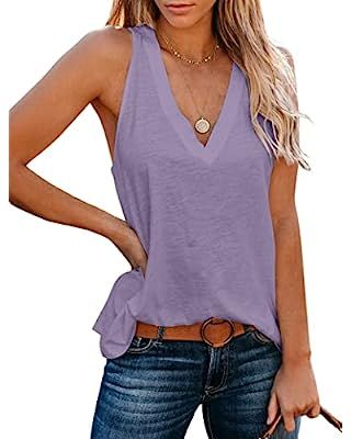 Bliwov Womens Tank Tops Crewneck Loose Fit Basic Solid Color Casual Summer Sleeveless Shirts Purple at Amazon Women’s Clothing store