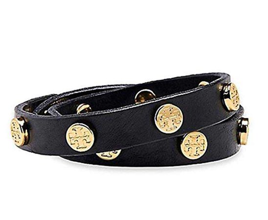 Tory Burch Patent Leather Double Wrap Stud Bracelet (Black Gold) at Amazon Women’s Clothing store: