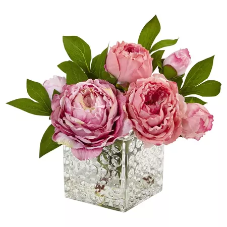 Peony In Glass Vase Pink - Nearly Natural : Target