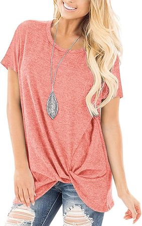 Ladies Crew Neck Twist Knot Summer Clothes Short Sleeve Tunic Cute Pink Tops S at Amazon Women’s Clothing store