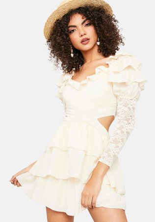 Lace Ruffle Side Cutout Mini Dress - White | Dolls Kill