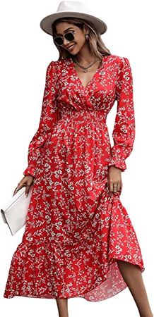 SweatyRocks Women's Floral Print V Neck Long Sleeve Ruffle Hem Boho Flare Maxi Dress at Amazon Women’s Clothing store