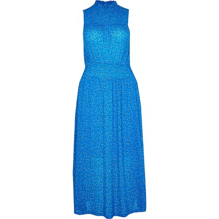 Blue printed shirred panel midi dress | River Island