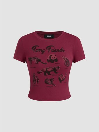 Round Neck Funny Friends Animal Graphic Crop Short Sleeve Tee - Cider
