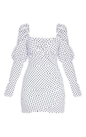White Polka Dot Puff Sleeve Twist Bodycon Dress | PrettyLittleThing USA