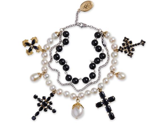 Women's Yellow and white gold family bracelet with cblack sapphire, pearl and black jade beads | DOLCE & GABBANA | 24S