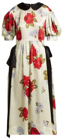 Floral Print Silk Midi Dress - Womens - Ivory Multi