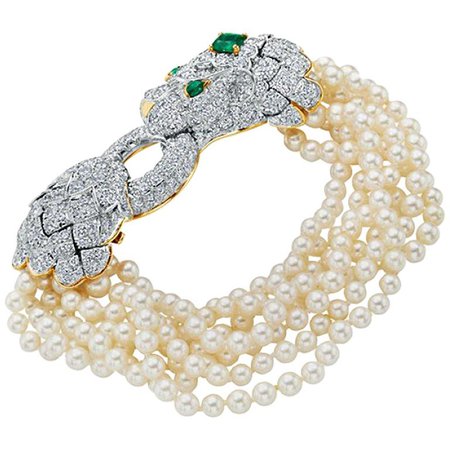 David Webb 18K Yellow Gold/Plat Lion Diamond and Pearl Strand Bracelet and Brooch For Sale at 1stdibs