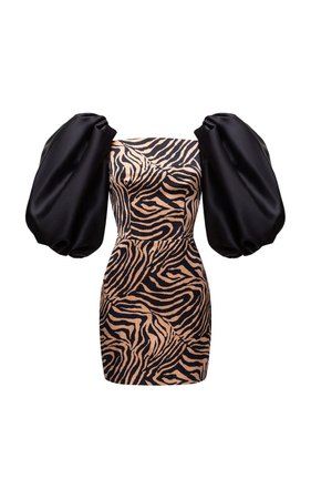 Rasario, Puff-Sleeve Zebra-Print Satin Mini Dress