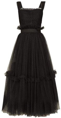 Polka Dot Ruched Tulle Midi Dress - Womens - Black