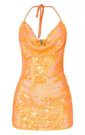 Orange Disk Sequin Cowl Halterneck Bodycon Dress | PrettyLittleThing USA