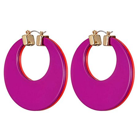 Orange Purple Acrylic Hoop Earrings, Two Tone Statement Huggie Hinged 2" Hoop Earrings Bohemia Jewelry (Orange Purple): Clothing