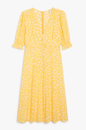 Puff sleeve midi dress - Yellow floral - Midi dresses - Monki WW