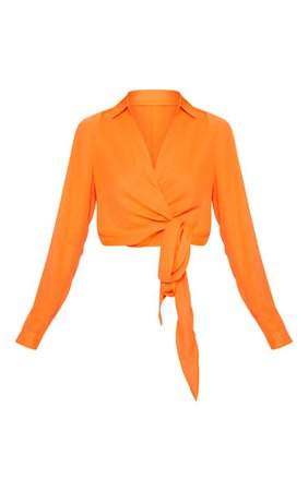 Neon Orange Wrap Front Tie Side Blouse | Tops | PrettyLittleThing