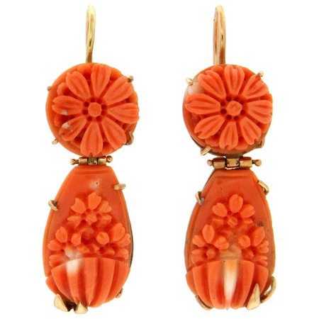 Handcraft Coral 14 Karat Yellow Gold Drop Earrings For Sale at 1stDibs