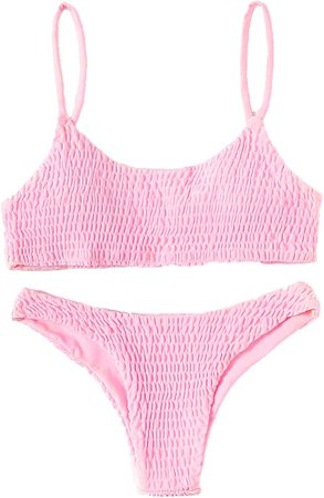 Verdusa Women's 2 Peices Bathing Suit Smocked Wireless Bikini Bandeau Top Thong Swimsuit Pink L : Clothing, Shoes & Jewelry