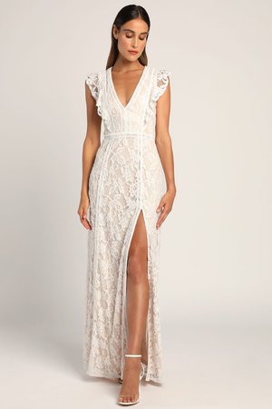 This Moment in Time White Lace Ruffled Maxi Dress Lulus