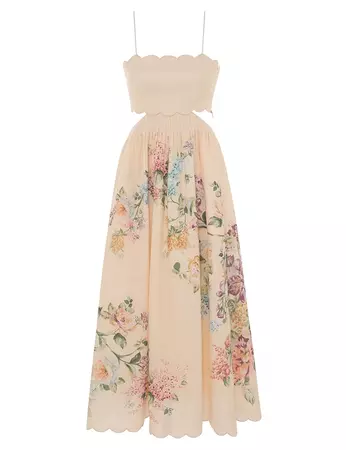 Halliday Scallop Midi Dress Cream Watercolour Floral Online | Zimmermann