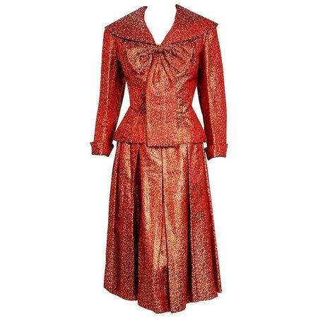 1952 Egyptian Couture Metallic Burgundy Red Silk Brocade Cocktail Dress Suit For Sale at 1stdibs