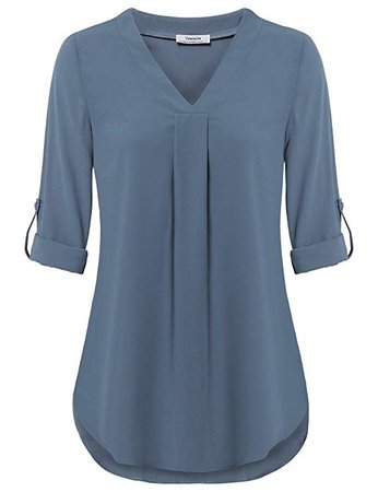 Youtalia Business Casual Tops for Women, Ladies 3/4 Cuffed Sleeve V Neck Pleats Fitted Tunic (Large, Blue Grey) at Amazon Women’s Clothing store: