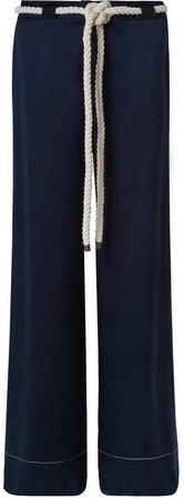 Rope-trimmed Cotton-blend Satin Wide-leg Pants - Navy