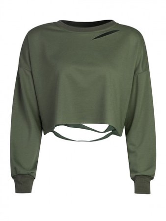 Military Green Ripped Drop Shoulder Cropped Sweatshirt #Chic200158 | WithChic