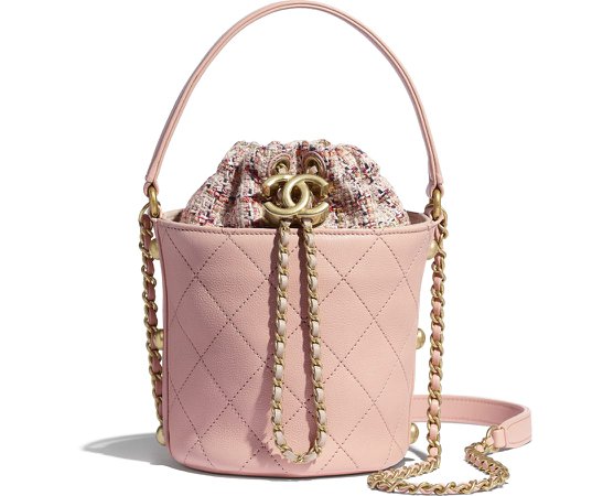 Small Drawstring Bag, calfskin, tweed & gold-tone metal, light pink & multicolor - CHANEL
