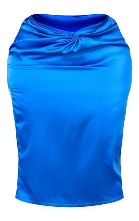 Plus Blue Satin Knot Front Midi Skirt | PrettyLittleThing USA
