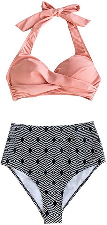 CUPSHE Women's Pink Geometric High Waisted Twisted Halter Bikini Set