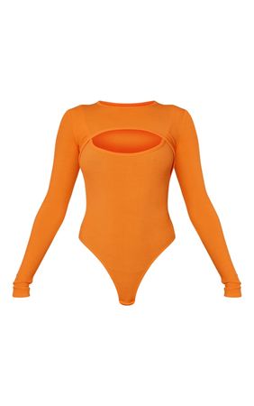 Orange Rib Arm Warmer Cut Out Detail Bodysuit | PrettyLittleThing USA