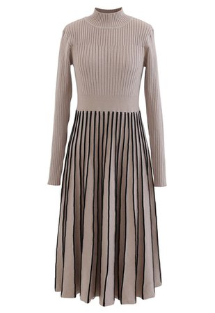 Contrast Lines Fitted Rib Knit Midi Dress in Tan - Retro, Indie and Unique Fashion